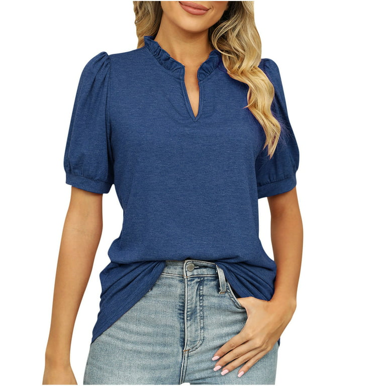RQYYD Clearance Womens Short Sleeve Tops Casual Ruffle V Neck T Shirts Puff  Sleeve Blouses Tees Solid Summer Loose Holiday Shirts(Navy,L) 