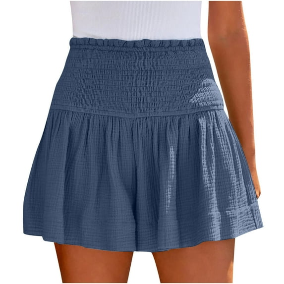 RQYYD Clearance Womens Shorts Cotton High Elastic Waisted Pleated Ruffle Cute Smocked Shorts Beach Flowy Summer Casual Short Dark Blue XL