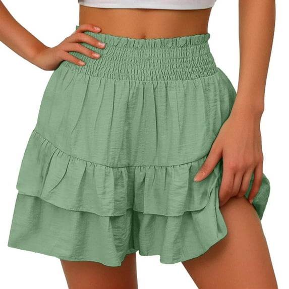 RQYYD Clearance Womens Shorts Cotton High Elastic Waisted Pleated Ruffle Cute Smocked Shorts Beach Flowy Summer Casual Short