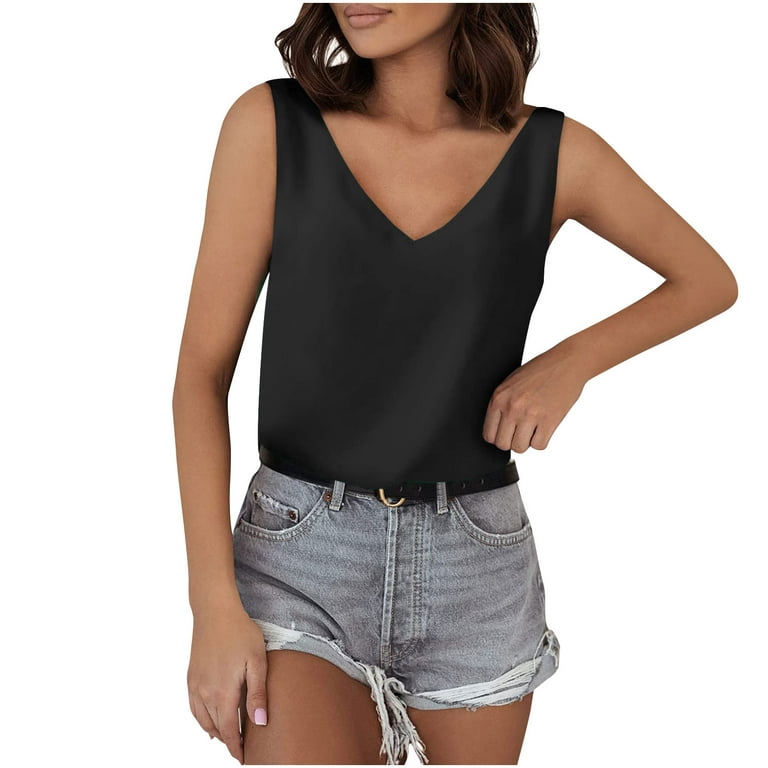 RQYYD Clearance Womens Silk Satin Tank Tops V Neck Casual Cami Sleeveless  Camisole Blouses Summer Loose Fit Basic Tank Shirt Black XXL