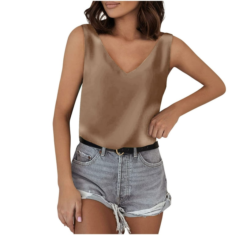 RQYYD Clearance Womens Silk Satin Tank Tops V Neck Casual Cami Sleeveless  Camisole Blouses Summer Loose Fit Basic Tank Shirt Khaki L