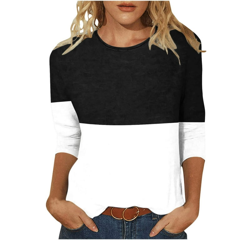 RQYYD Clearance Womens Summer T-Shirts Novelty Gradient Printed Tops 3/4  Sleeve Classic Color Block Blouse Crewneck Tees(Black,L)