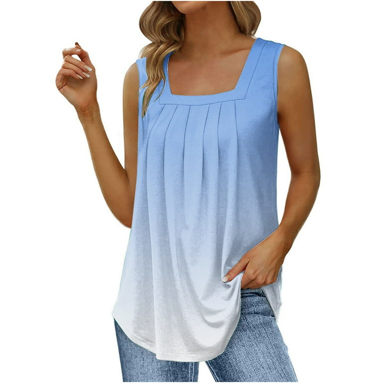 RQYYD Clearance Womens Tie Dye Tank Tops Casual Square Neck Sleeveless  Tunic Tops Summer Loose Fit Pleated Shirts Curved Hem Flowy Blouse(2#Light  Blue,XXL) 