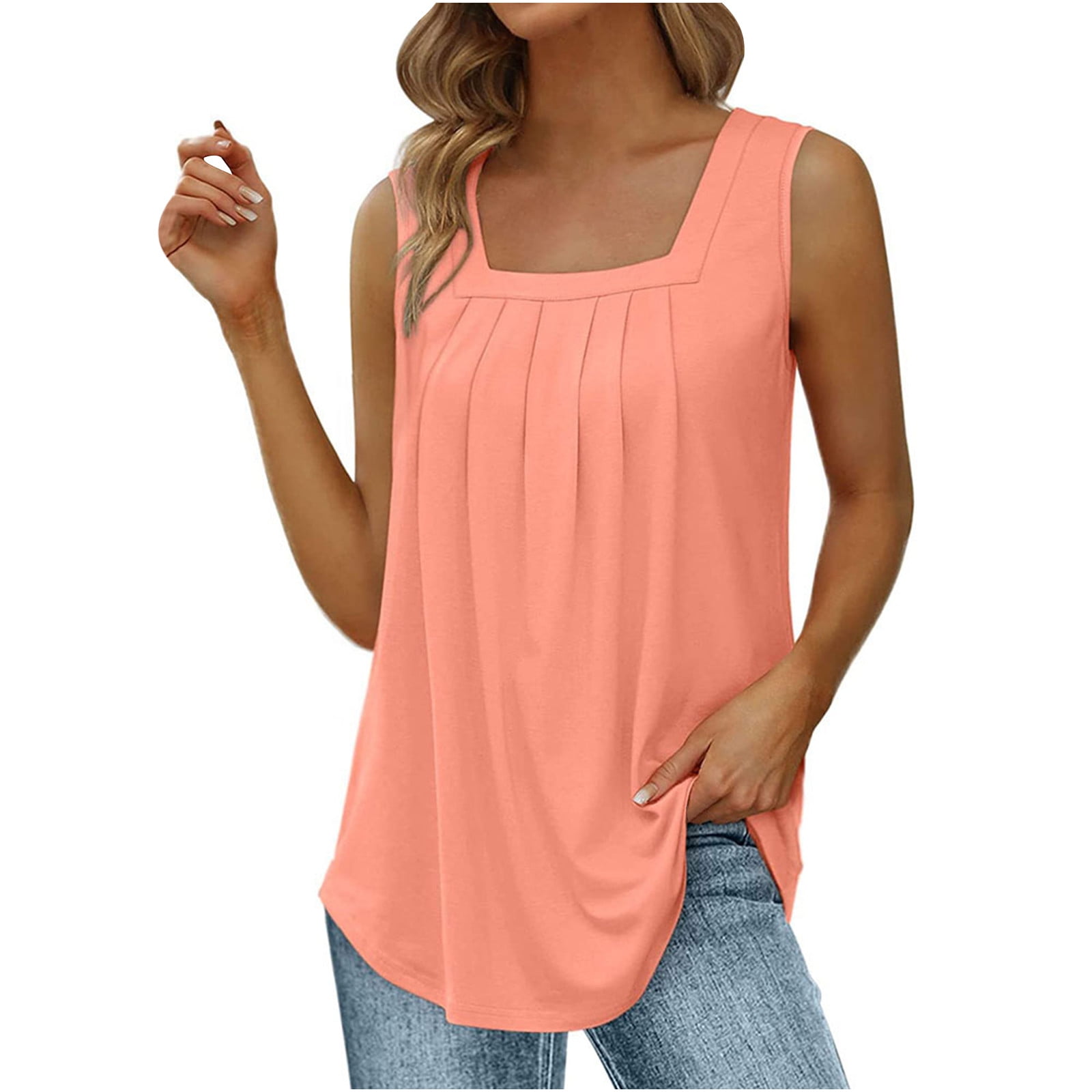 Womens Tank Tops Clearance Loose Fit Pleated Square Neck