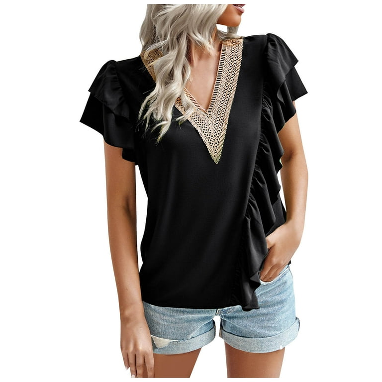 RQYYD Clearance Womens Tops Ruffle Short Sleeve Lace Trim V Neck Dressy  Casual Blouses Solid Color Cute Ruffle Trims Summer Tee Shirts Black S 