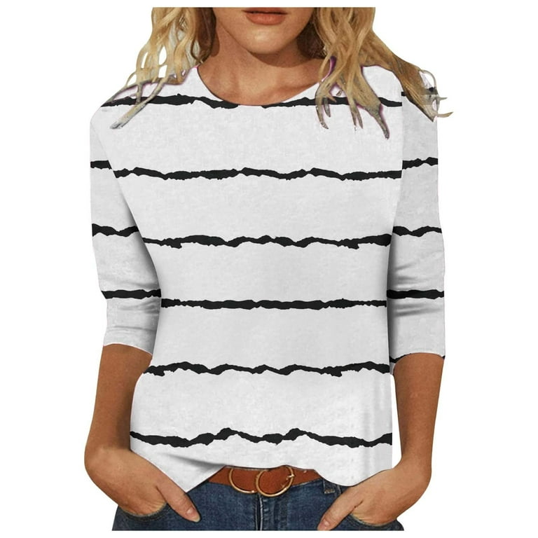 RQYYD Clearance Womens Tops Stripe Tees Casual 3/4 Sleeve Blouse Loose Fit  T-Shirts Fashion Going Out Tops Vintage Crewneck Vacation Outfits(3#White,XXL)  