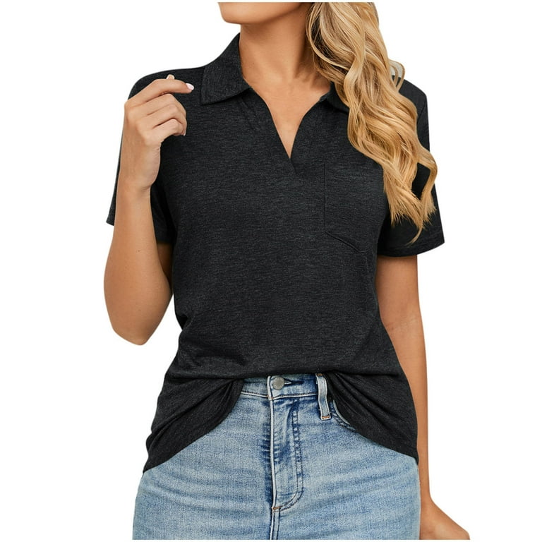 RQYYD Clearance Womens V Neck Polo Shirts Short Sleeve Collared Tops Solid  Loose Casual Tunic Blouses Office Work Curved Hem T-Shirt with Pocket Black  M 