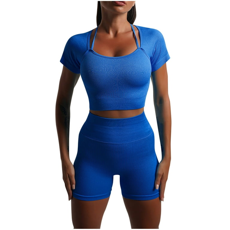 RQYYD Clearance Workout Sets for Women Short Sleeve Halter Strap Sports Bra  High Waist Yoga Shorts 2 Piece Seamless Ribbed Outfits Blue M 