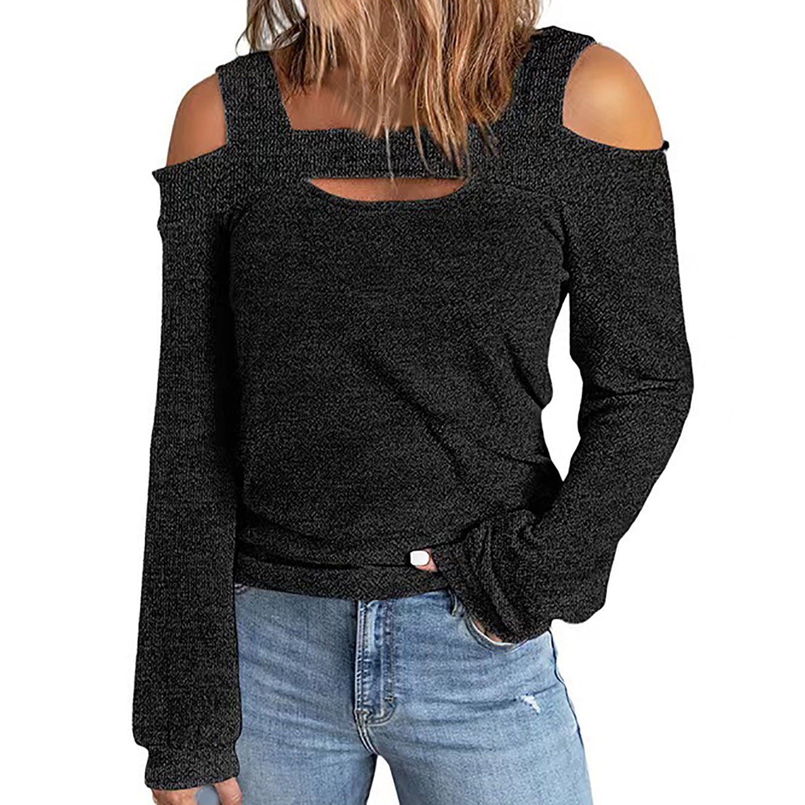 RQYYD Cold Shoulder Tops Dressy for Women Long Sleeve Cut Out Tunic Tops Solid Crewneck Loose Fit Blouse Black L