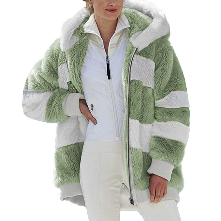 RQYYD Color Block Winter Coats for Women Fleece Jacket Zip Up Fuzzy Hooded Sweatshirt Long Sleeve Warm Outerwear Coats Green 4XL Walmart