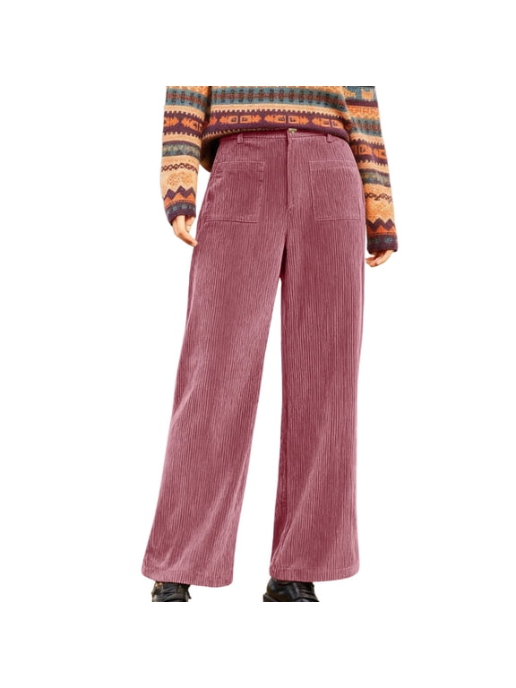 Corduroy Pants Women High Waisted Wide Leg Trendy Patch Pocket Fall Winter Dressy Casual Elastic Waist Trousers