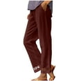 thumbnail image 1 of RQYYD Cotton Linen Pants for Women Summer Boho Plus Size Elastic Waist Casual Loose Beach Straight Leg Trouser with Pockets with Embroidered Cuff, 1 of 5