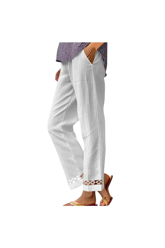 Cotton Linen Pants for Women Summer Boho Plus Size Elastic Waist Casual Loose Beach Straight Leg Trouser with Pockets with Embroidered Cuff