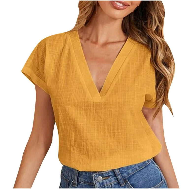 RQYYD Cotton Linen Tops for Women s Casual V Neck Blouse Summer Solid Color Loose Fit Tunic Shirts Yellow XXL Walmart