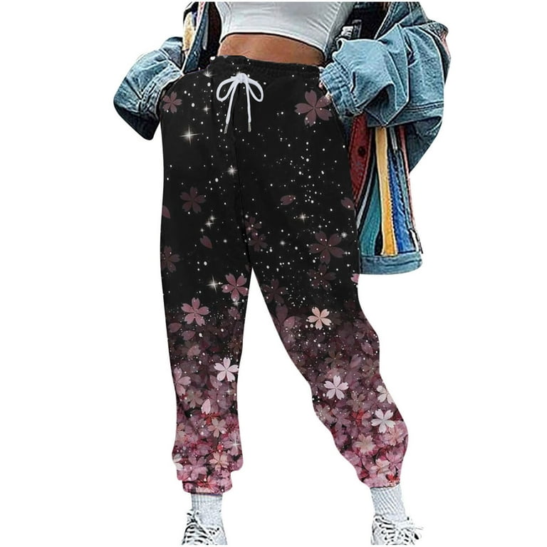 RQYYD Cute Print Baggy Pants Athletic Pants Cinch Bottom Trousers Women  Floral Sweatpants High Waist Casual Pants Loose Fit Lounge Trousers Pink S
