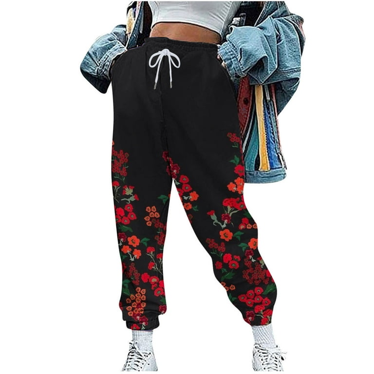 RQYYD Cute Print Baggy Pants Athletic Pants Cinch Bottom Trousers Women  Floral Sweatpants High Waist Casual Pants Loose Fit Lounge Trousers Red L 