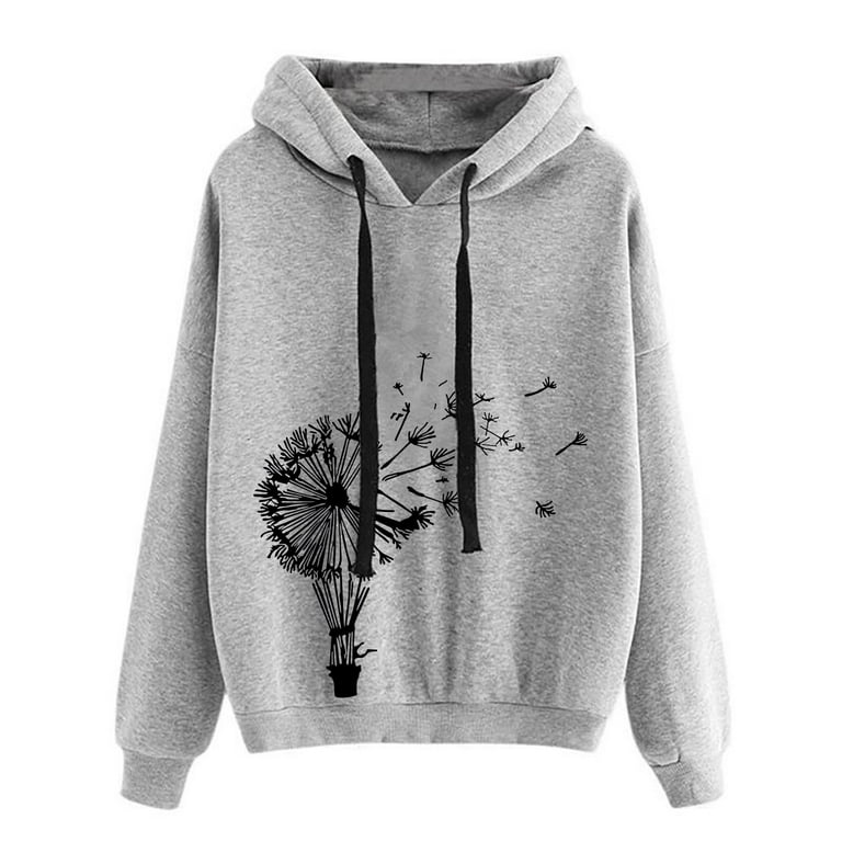 RQYYD Dandelion Print Hooded Sweatshirts Women Long Sleeve Crew Neck Hoodie  Tunic Tops for Leggings Cute Graphic Fall Comfy Pullover (Wine,XL) 
