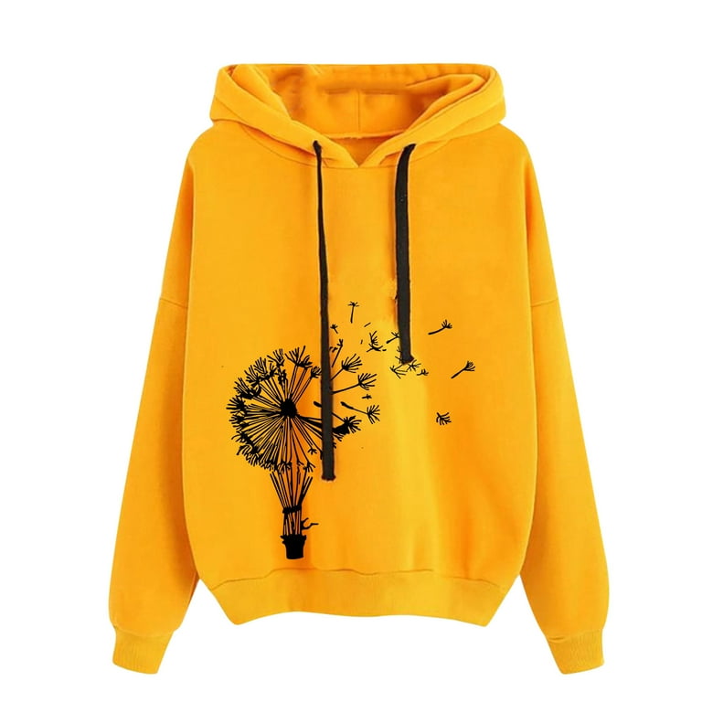 RQYYD Dandelion Print Hooded Sweatshirts Women Long Sleeve Crew Neck Hoodie  Tunic Tops for Leggings Cute Graphic Fall Comfy Pullover (Pink,XXL) 