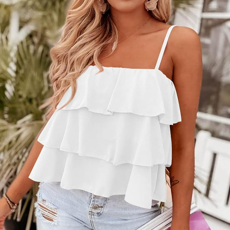 RQYYD Discount 2023 Women's Summer Spaghetti Strap Cami Tank Tops Layered  Ruffle Tie Shoulder Flowy Camisole Casual Sleeveless Shirts(White,M) 
