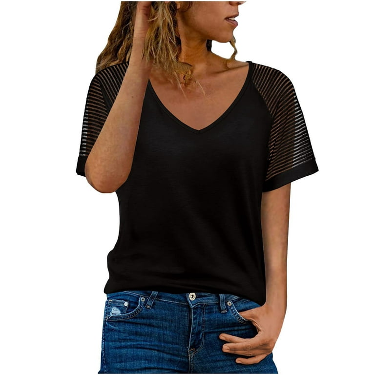 RQYYD Discount Casual V Neck T Shirts for Women Mesh Short Sleeve