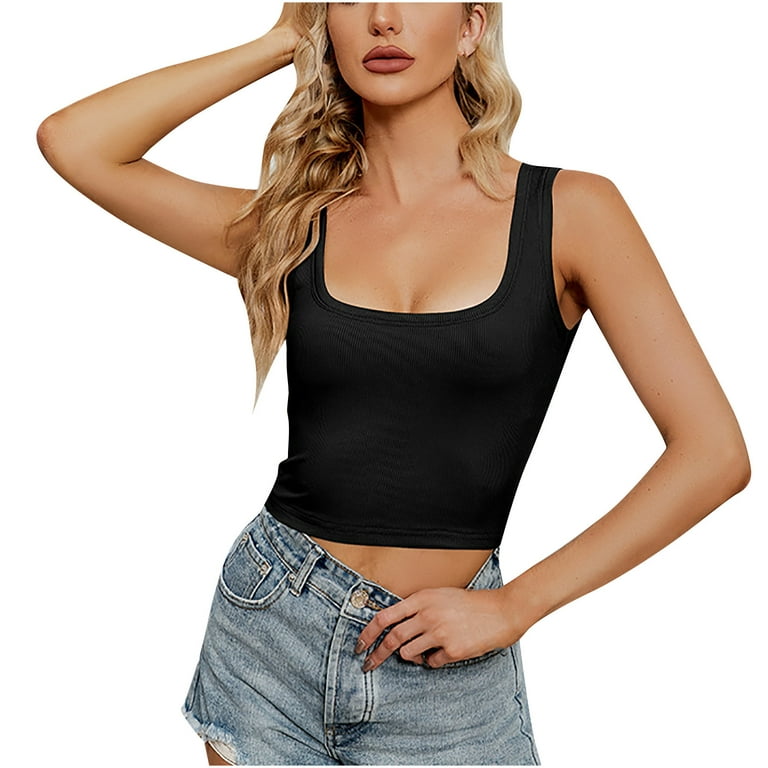 RQYYD Discount Summer Crop Tops for Women's Sexy Sleeveless Tank Tops  Casual Square Neck Fitted Knit Ribbed Gym Workout Cami Vest(Black,S) 