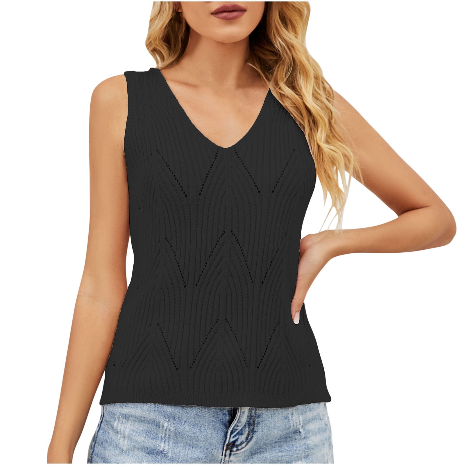 RQYYD Discount Women's Sexy Crochet Knit V Neck Tank Tops Sleeveless Hollow  Out Casual Loose Fit Cami Sweater Vest(Black,XL) 