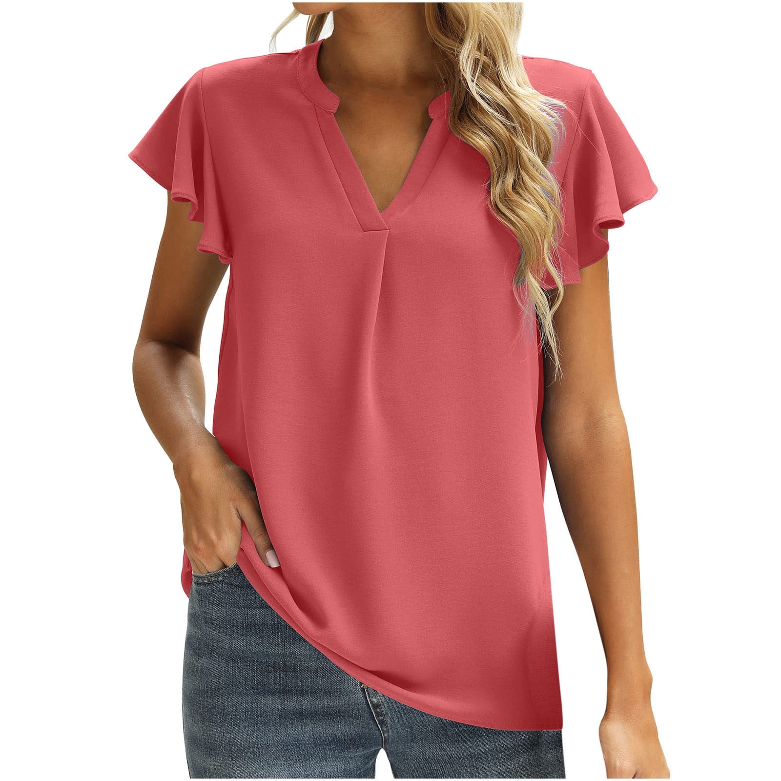 RQYYD Discount Womens Business Casual Tops Summer V Neck T Shirt Ruffle  Short Sleeve Tunic Blouses Casual Solid Loose Fit Basic Tshirts(Watermelon