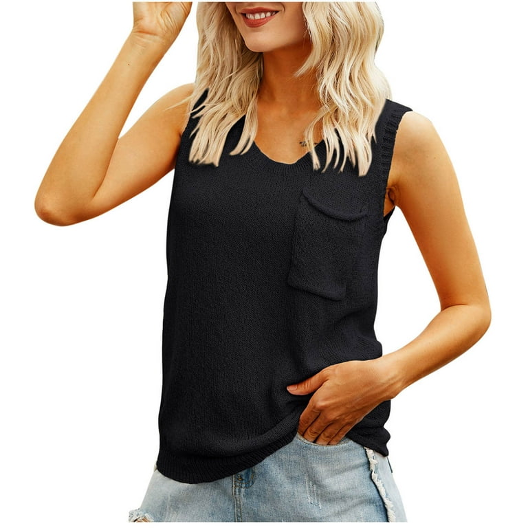 Rqyyd Discount Womens Scoop Neck Sleeveless Tank Tops Loose Back Button Knit Summer Sweater Vest Shirt Casual Soild Blouses with Pocket(Black,XL)