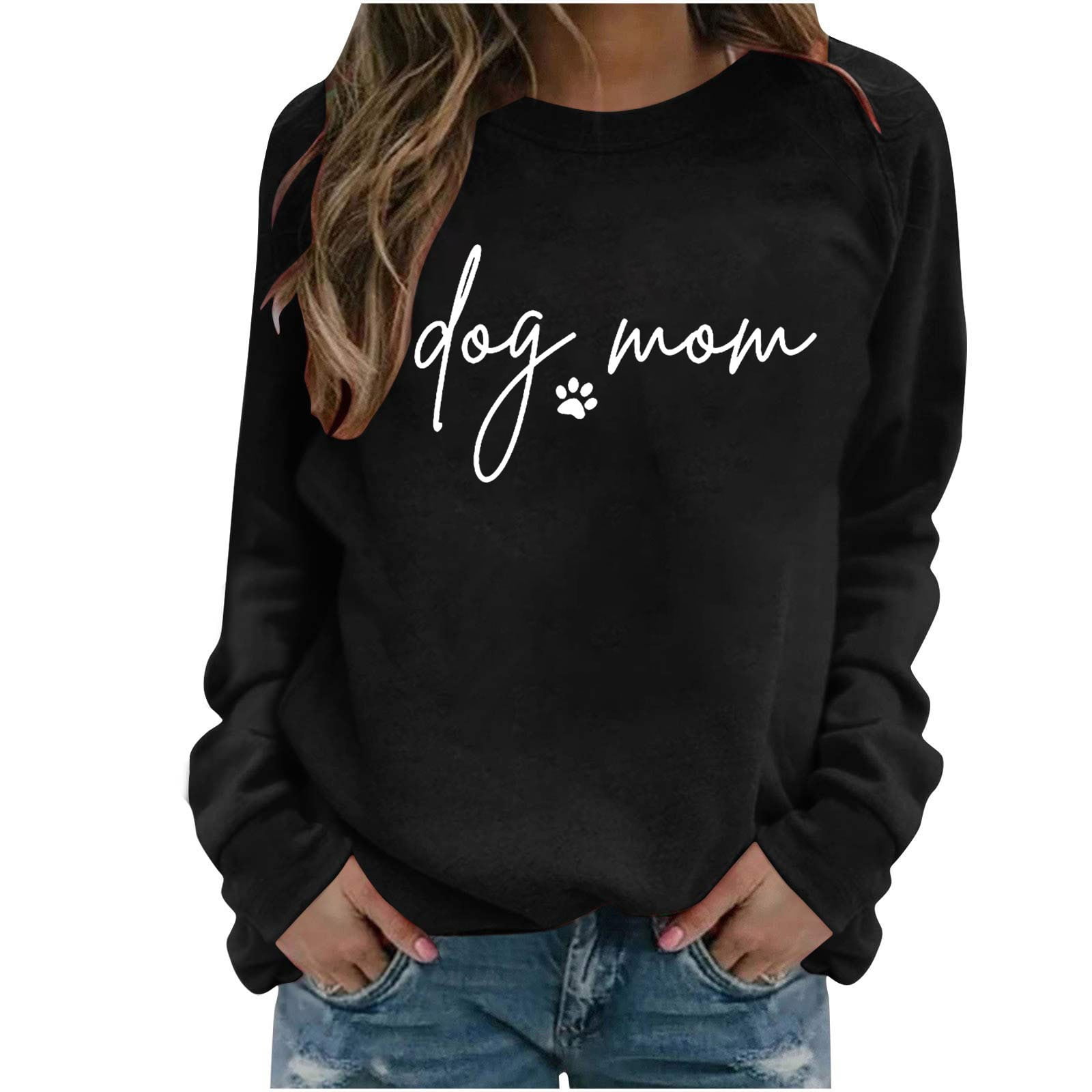 RQYYD Dog Mom Sweatshirt for Women s Fun Letter Print Solid Color