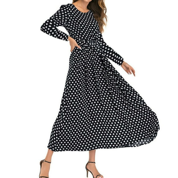 RQYYD Dresses for Women 2022 Fall Long Sleeve Crewneck Polka Dot Long Dress High Waist A Line Belted Maxi Dress