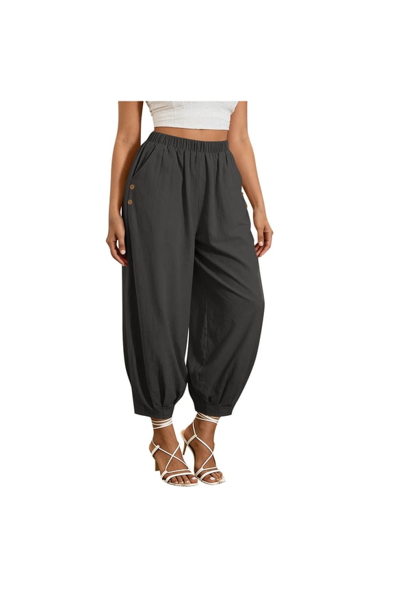Elastic Waist Harem Pant for Women Casual Loose Fit Cotton Linen Baggy Cropped Trousers with Side Buttons