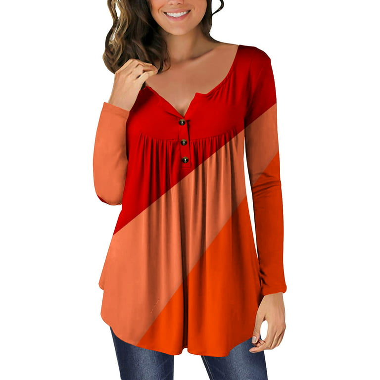 RQYYD Fall Tops for Women Long Sleeve Button Down Hide Belly Shirts Casual Color  Block Flowy Ruffle Henley Shirt Blouse Tunic Tops Wear with Leggings Orange  XL 