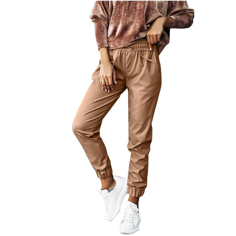 RQYYD Faux Leather Leggings Pants for Women Casual High Waisted Drawstring  Stretchy Jogger with Pockets Khaki S