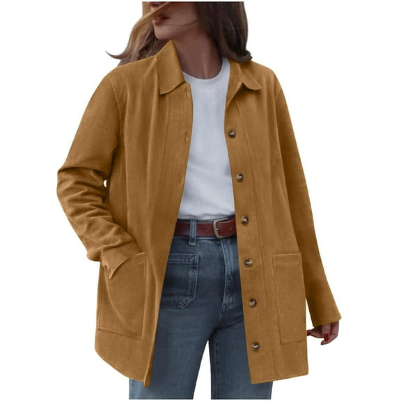 RQYYD Faux Suede Jacket Women Fall Fashion Leather Jackets Long Sleeve Button Down Winter Coats Shackets Outerwear