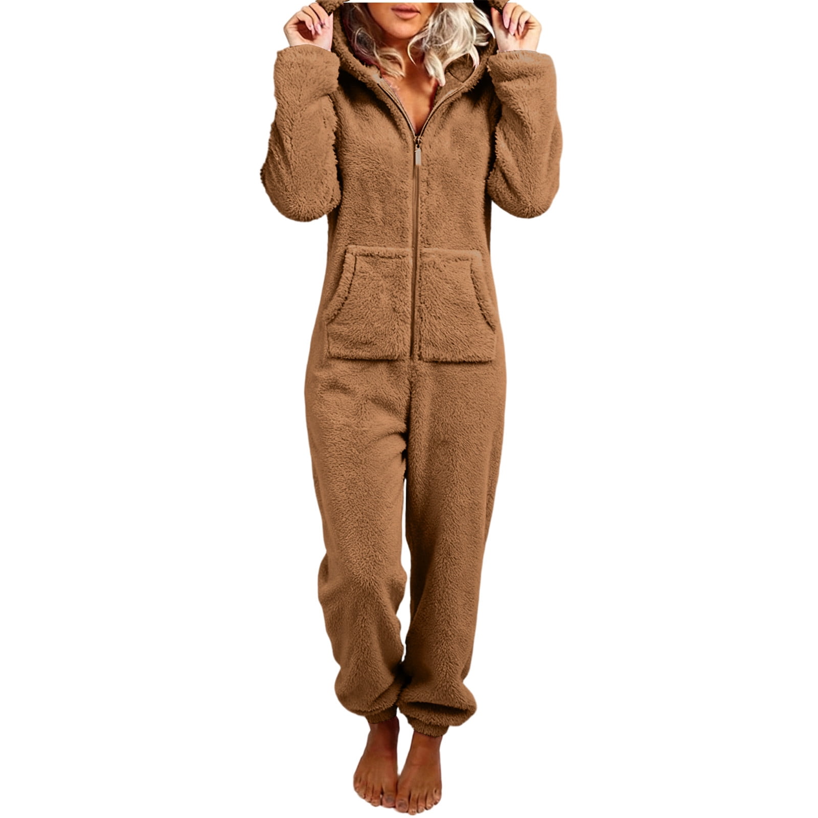 RQYYD Fleece Onesie Pajamas for Women Fuzzy Sherpa Hooded Romper One Piece Winter Sleepwear Flannel Pajama Jumpsuit