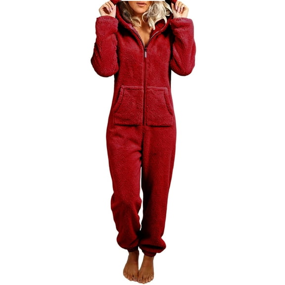 RQYYD Fleece Onesie Pajamas for Women Fuzzy Sherpa Hooded Romper One Piece Winter Sleepwear Flannel Pajama Jumpsuit