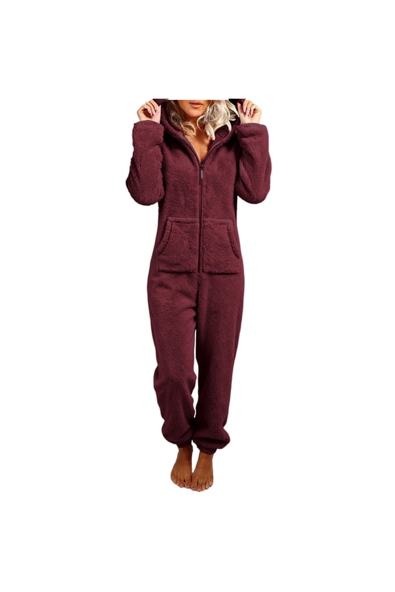 Fleece Onesie Pajamas for Women Fuzzy Sherpa Hooded Romper One Piece Winter Sleepwear Flannel Pajama Jumpsuit