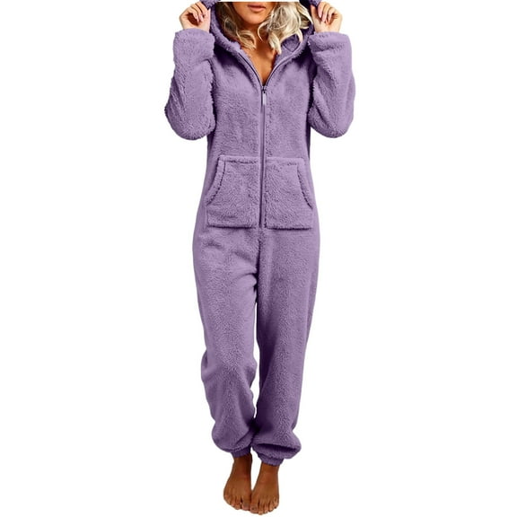 RQYYD Fleece Onesie Pajamas for Women Fuzzy Sherpa Hooded Romper One Piece Winter Sleepwear Flannel Pajama Jumpsuit