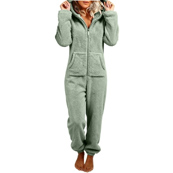 RQYYD Fleece Onesie Pajamas for Women Fuzzy Sherpa Hooded Romper One Piece Winter Sleepwear Flannel Pajama Jumpsuit