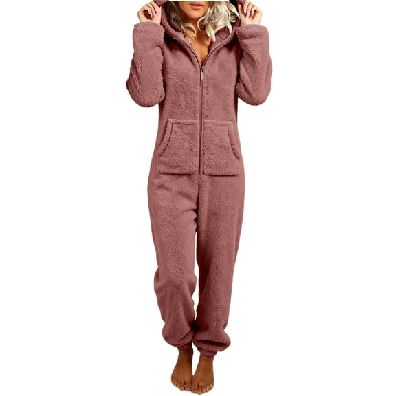 RQYYD Fleece Onesie Pajamas for Women Fuzzy Sherpa Hooded Romper One Piece Winter Sleepwear Flannel Pajama Jumpsuit