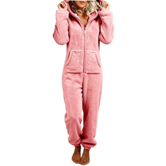 RQYYD Fleece Onesie Pajamas for Women Fuzzy Sherpa Hooded Romper One Piece Winter Sleepwear Flannel Pajama Jumpsuit