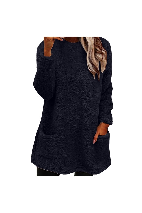 Fluffy Fleece Pullover Tops for Women Fuzzy Sherpa Jumper Sweatshirt Winter Ladies Warm Basic Shirt Tops with Pocket (Navy,S)