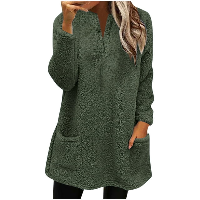 RQYYD Fluffy Fleece Pullover Tops for Women Fuzzy Sherpa Jumper Sweatshirt Winter Ladies Warm Basic Shirt Tops with Pocket