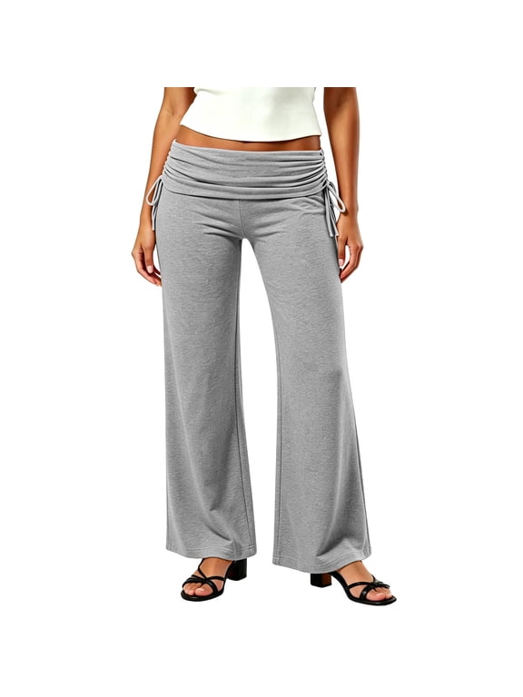 Fold Over Waist Pants for Women Ruched Drawstring Detail High Waist Wide Leg Casual Lounge Pant with No Pockets