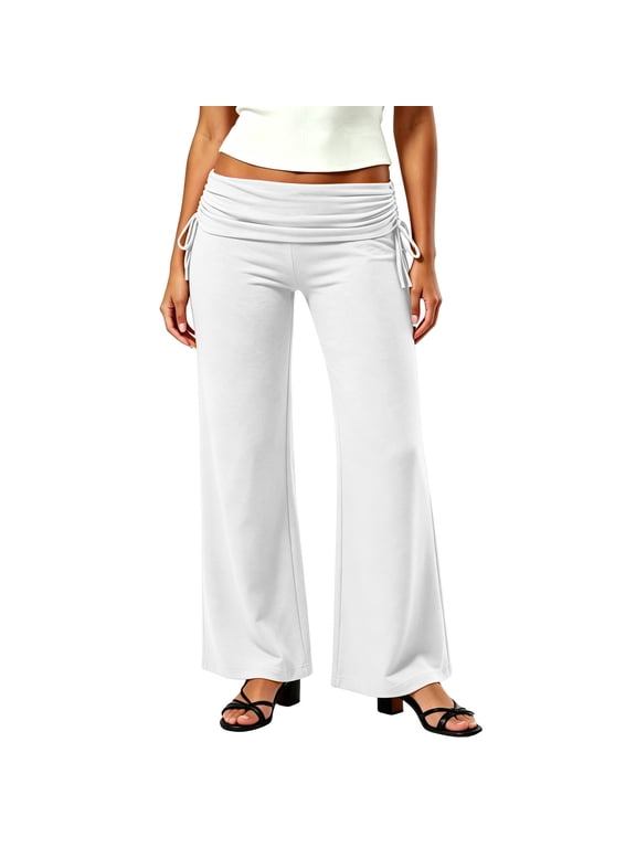 Fold Over Waist Pants for Women Ruched Drawstring Detail High Waist Wide Leg Casual Lounge Pant with No Pockets