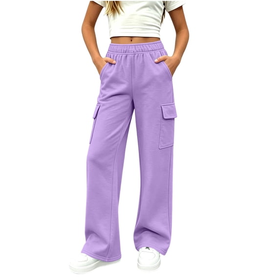 RQYYD Girls Cargo Sweatpants Teen Kids Wide Leg Baggy Pants Elastic Waist with Pockets 5-14 Years