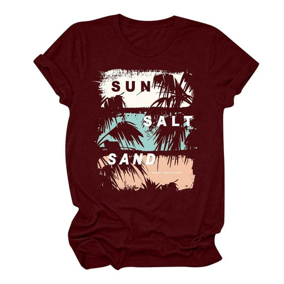 RQYYD Graphic Tees for Women Short Sleeve Crewneck Fashion Summer 2024 Tops Funny Letter Beach Printed Loose Casual T Shirts