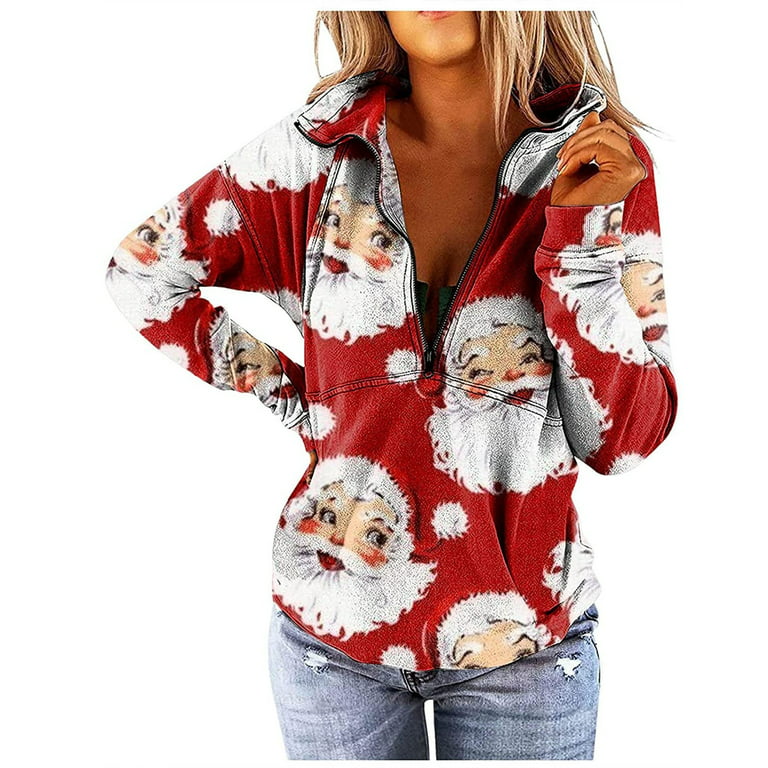 RQYYD Half Zip up Sweatshirt for Women Cute Santa Claus Hoodies Lapel Pullover  Long Sleeve Trendy Warm Top(Red,L) 