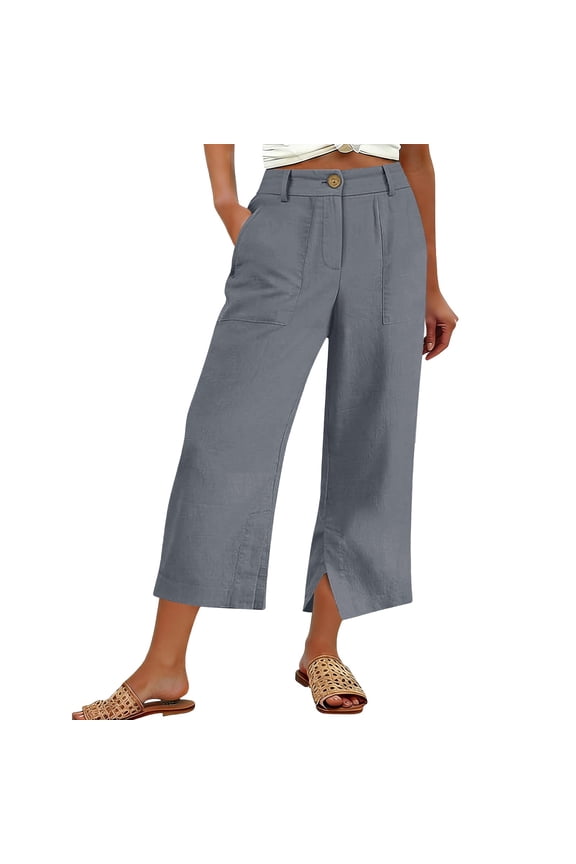 High Waist Pants For Women Button Fly Wide Leg Pant Cropped Linen Style Trousers With Split Hem For Casual Outings