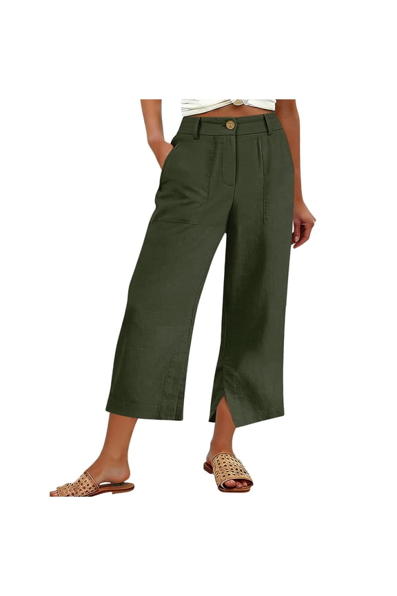 High Waist Pants For Women Button Fly Wide Leg Pant Cropped Linen Style Trousers With Split Hem For Casual Outings